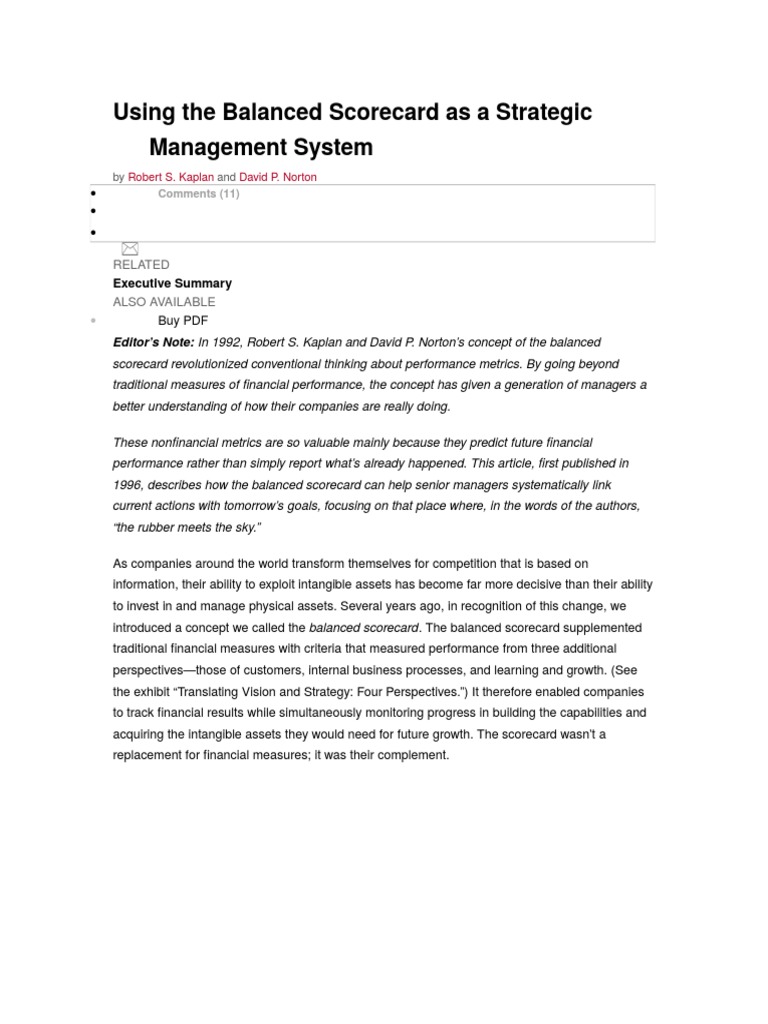 Using The Balanced Scorecard As A Strategic Management System | PDF