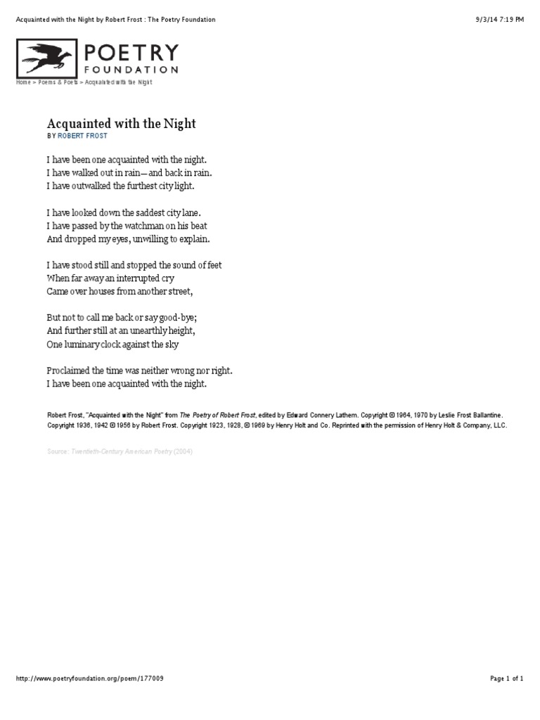 Acquainted With The Night By Robert Frost The Poetry Foundation Pdf