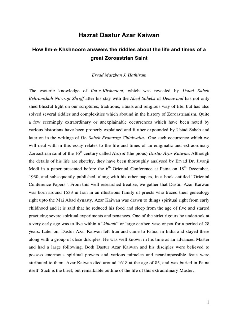 Hazrat Dastur Azar Kaiwan How IlmeKhshnoom Answers The Riddles About