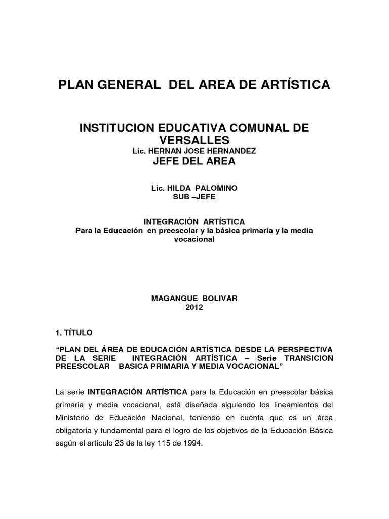 Plan de Area Artistica Iecov | PDF | Educación en artes visuales ...