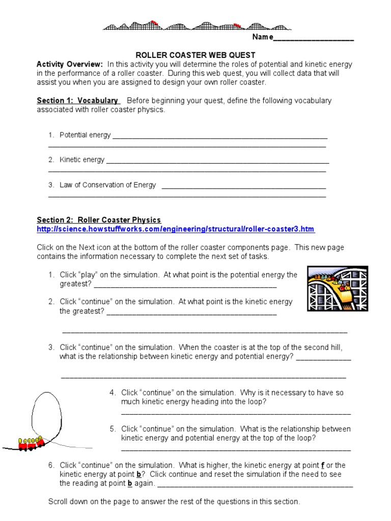 Rollercoaster Web Quest Worksheet Physical Sciences Science Mathematics