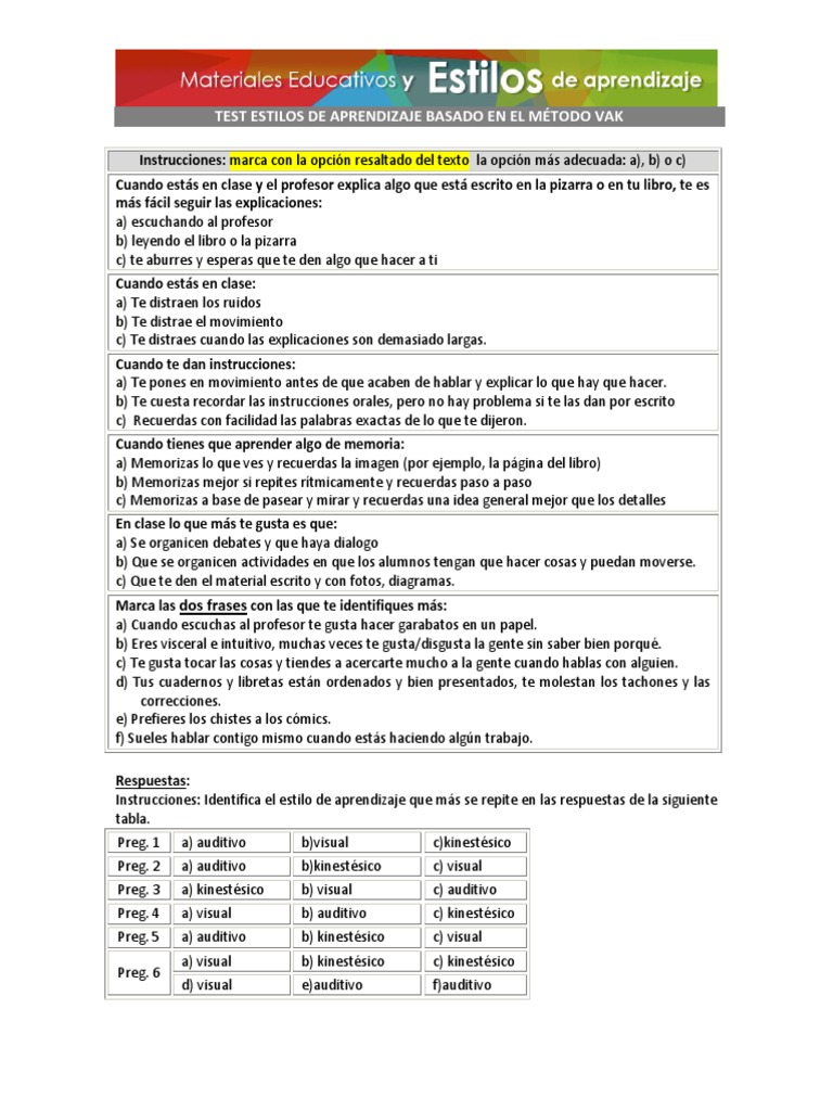 Test de Estilos de Aprendizaje VAK | PDF | Cognición | Ciencia cognitiva