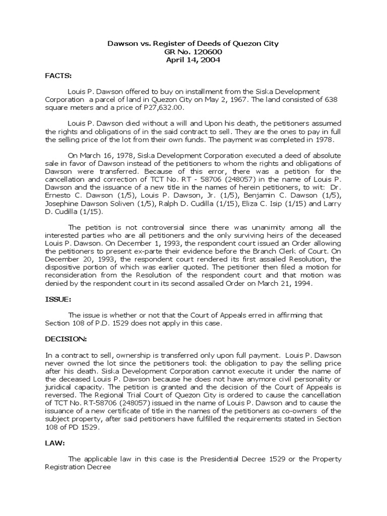 Dawson vs. Register of Deeds of Quezon City PDF Social Institutions