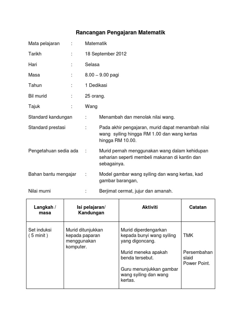 Rancangan Pengajaran Matematik Pdf