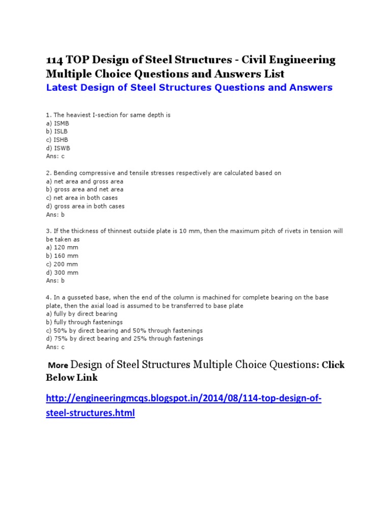 Design of Steel Structures Multiple Choice Questions | PDF
