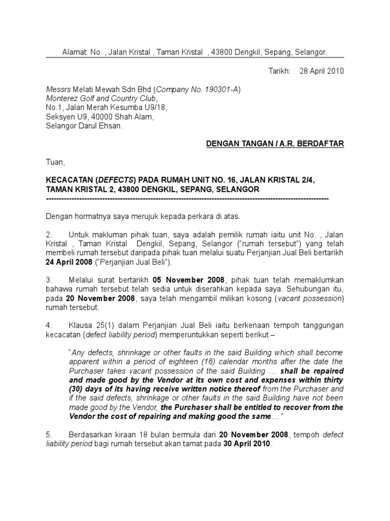 Contoh Surat Aduan Defect Rumah Baru