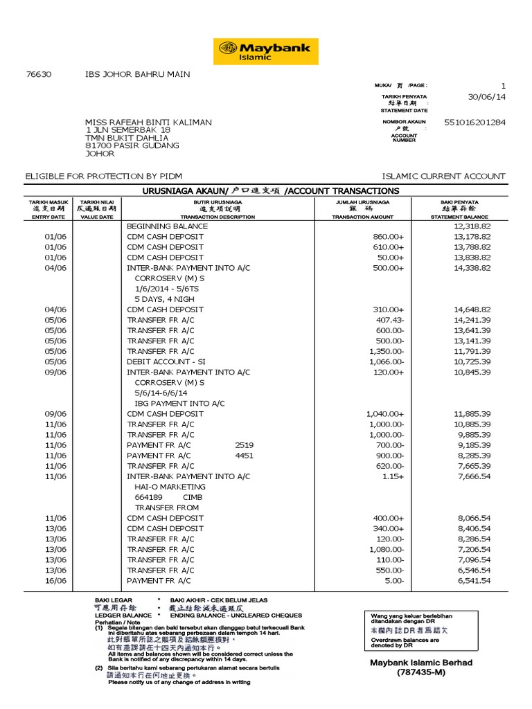 Miss Rafeah's Bank Statement | PDF