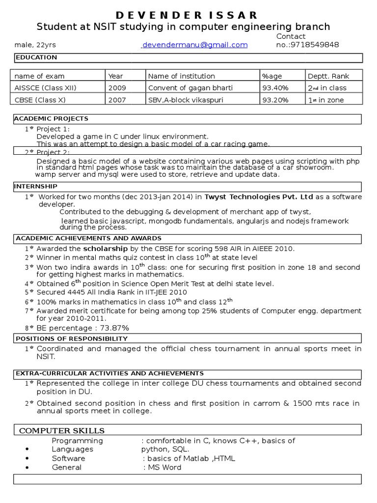 Student at NSIT Studying in Computer Engineering Branch: Education | PDF