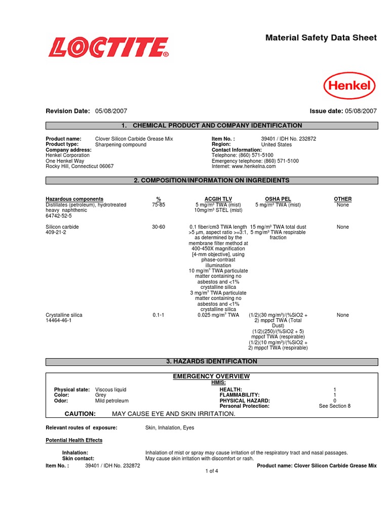 Clover Silicon Carbide Grease MSDS | PDF | Silicon Dioxide | Dangerous ...