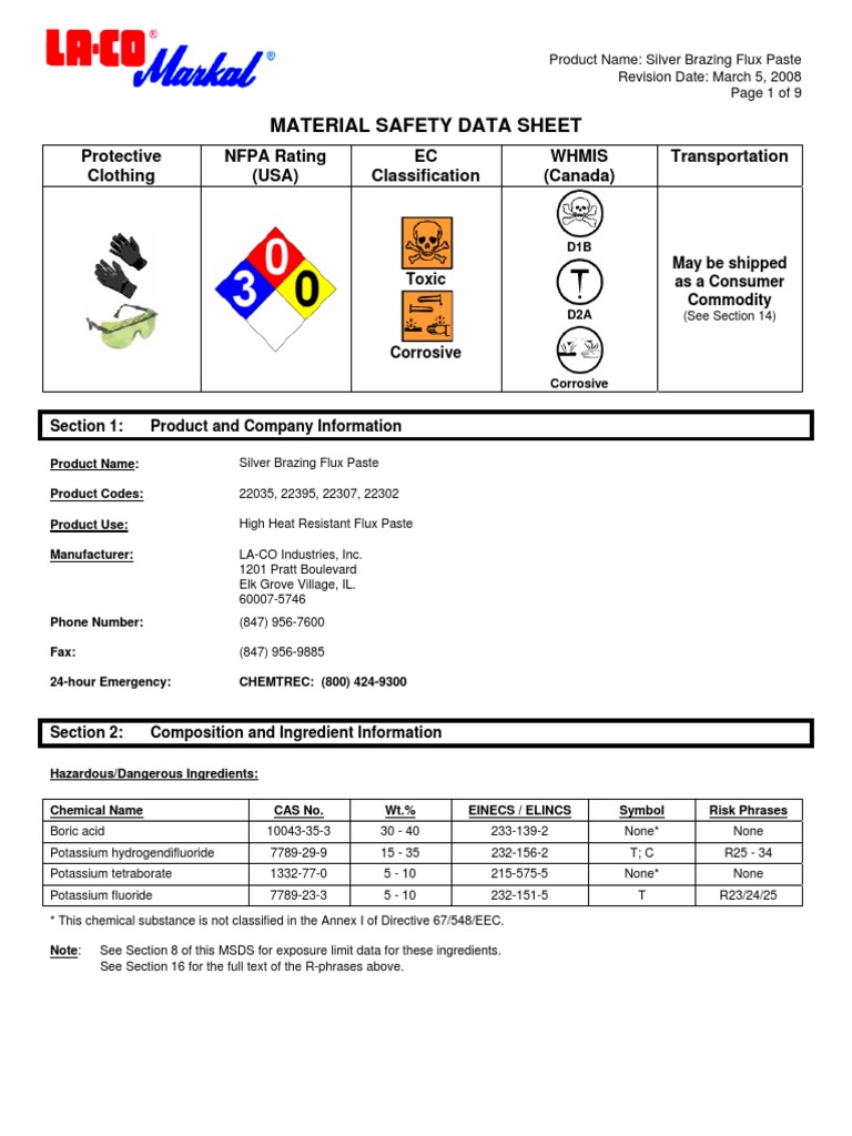 Silver Brazing Flux PDF Dangerous Goods Toxicity