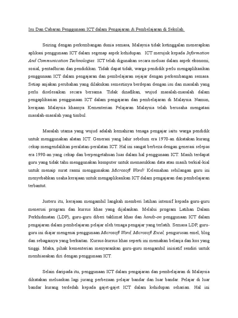 Isu Dan Cabaran Penggunaan Ict Dalam Pengajaran Pdf