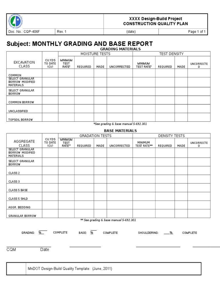 Subject: Monthly Grading and Base Report: XXXX Design-Build Project ...