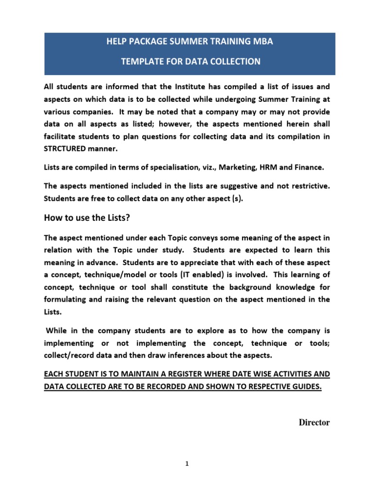Help Package Summer Training Mba Template For Data Collection | PDF
