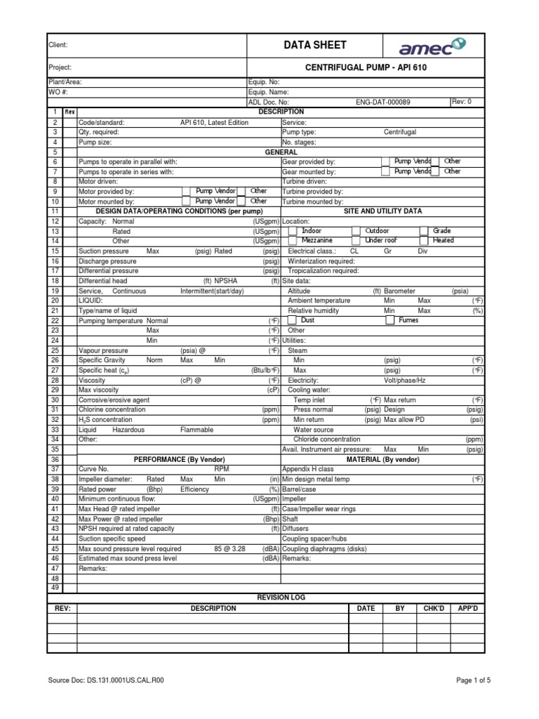 Centrifugal Pump Data Sheet - API 610 | PDF