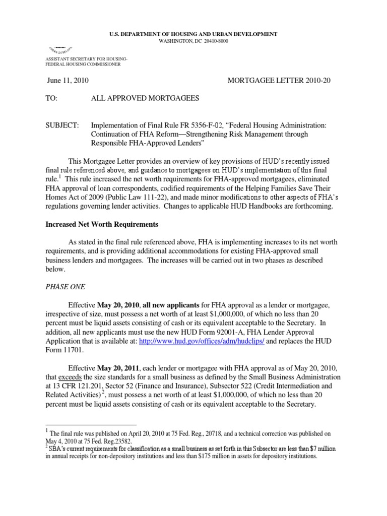 HUD FHA Mortgagee Letter ML 201020 Federal Housing Administration