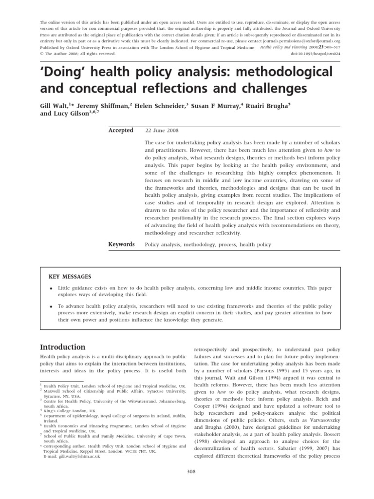 ‘Doing’ Health Policy Analysis Health Policy Policy Analysis