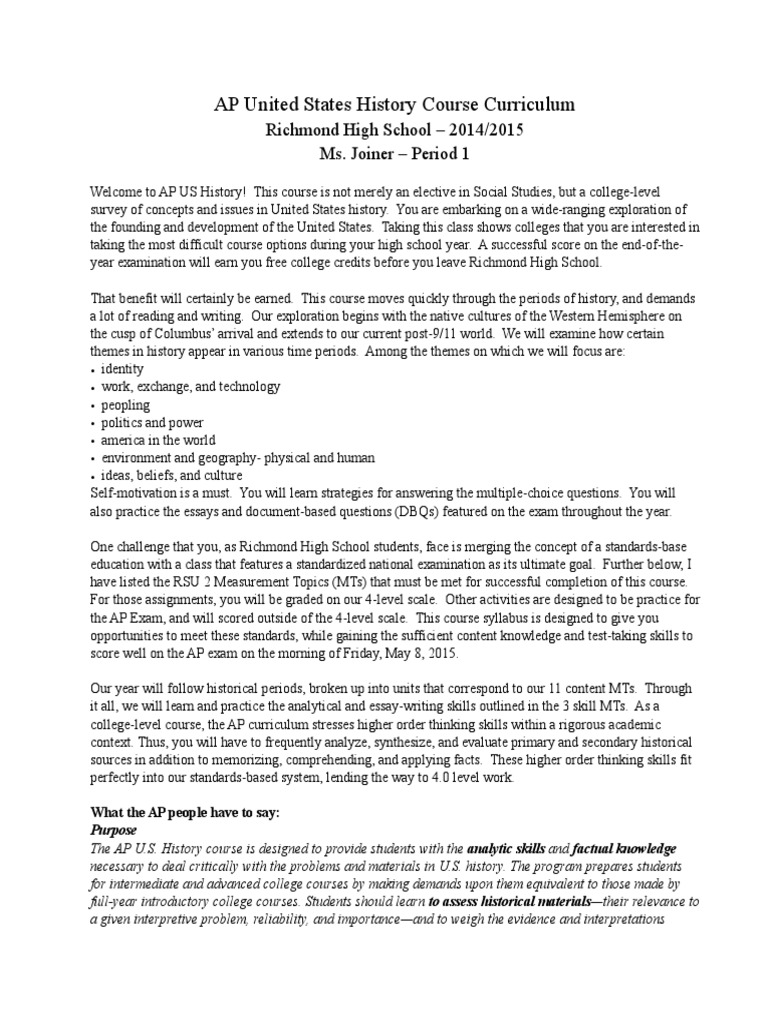 Ms Joiner Apush Syllabus | PDF | History Of The United States ...