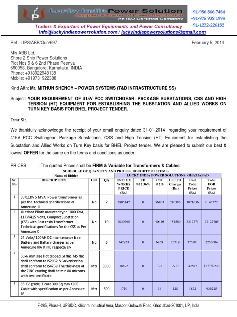 Quotation415 PCC Switchgear Panel & Other ItemsBHEL PDF