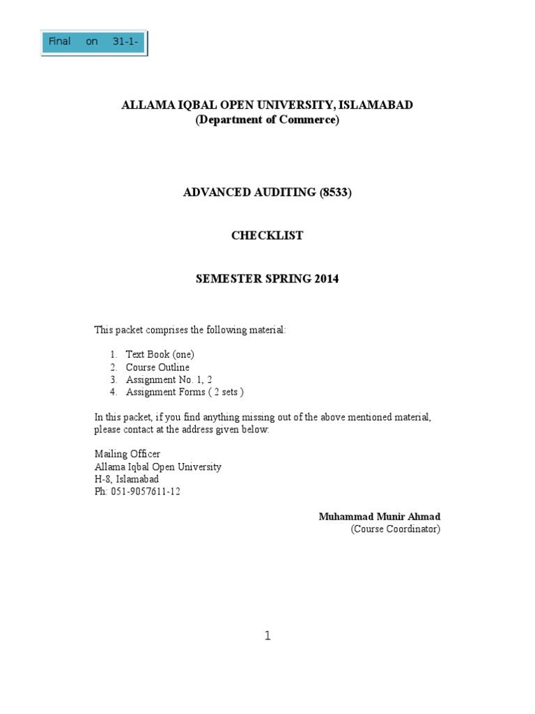 Advanced Auditing Course Checklist | PDF | Corporate Governance ...