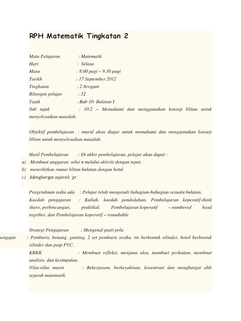 Contoh Rancangan Pengajaran Harian Matematik Tingkatan 2 - MacitinKnight