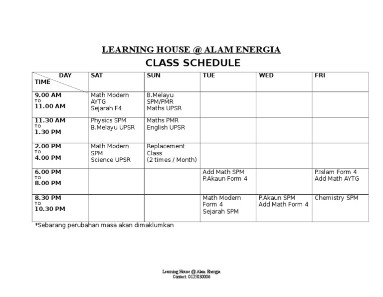 Learning House at Alam Energia Class Schedule | PDF