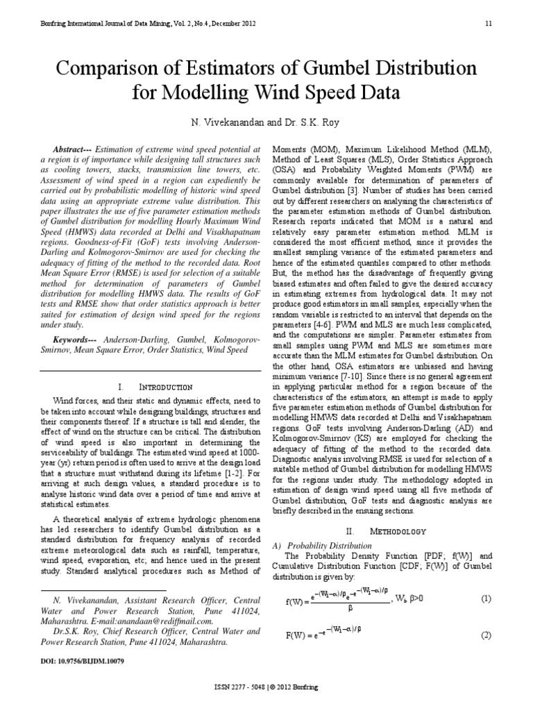 Comparison of Estimators of Gumbel Distribution For Modelling Wind ...