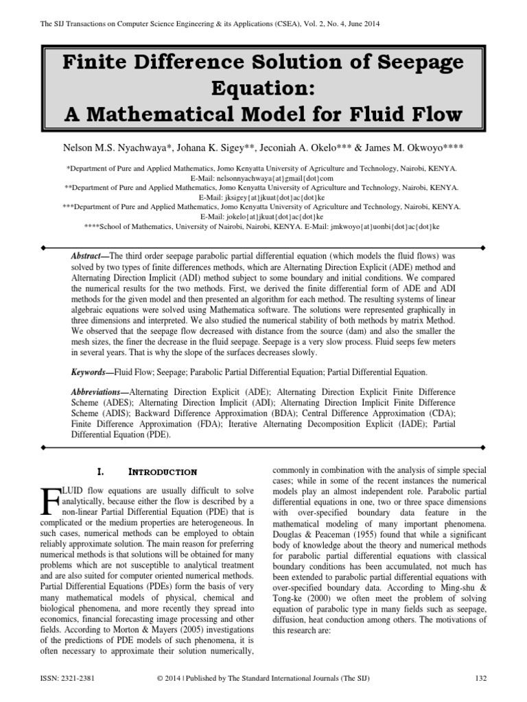 Finite Difference Solution of Seepage Equation: A Mathematical Model ...