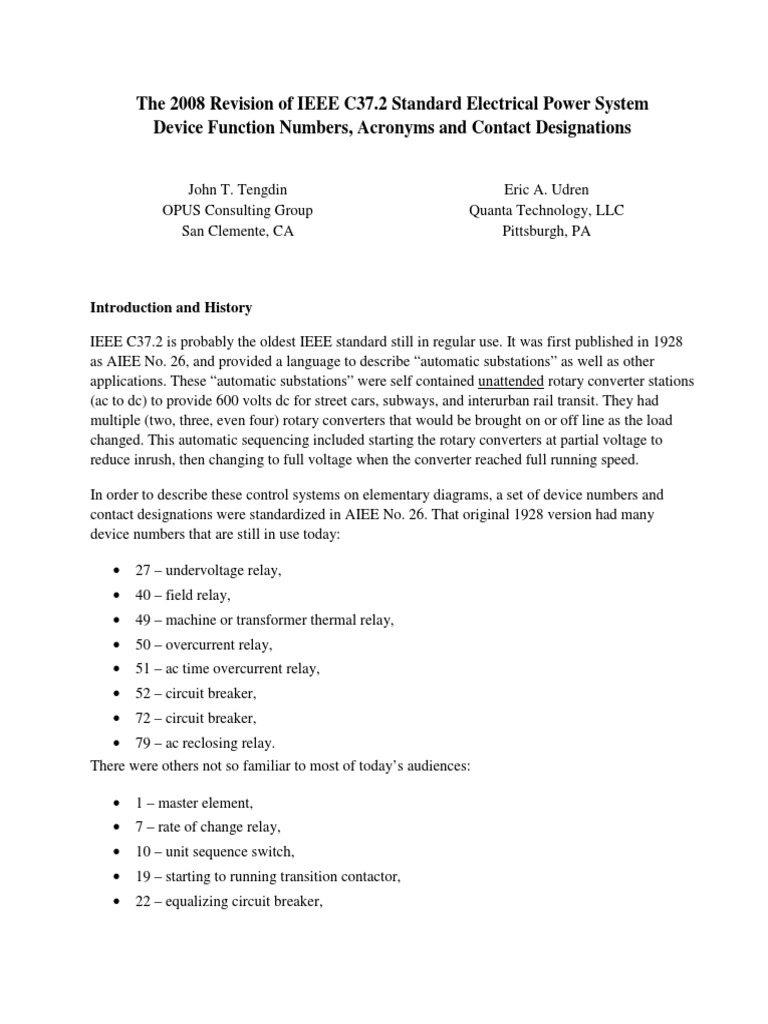 The 2008 Revision of IEEE C37.2 Standard Electrical Power System Device