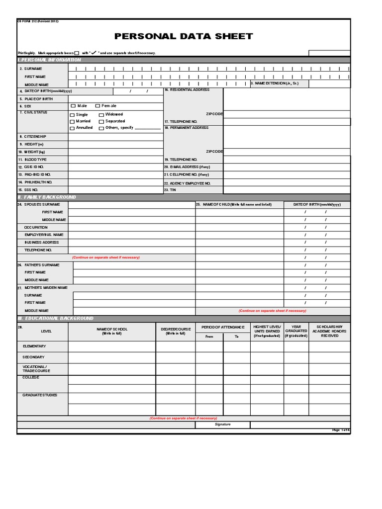 Personal Data Sheet CS Form 212 | PDF | Virtue | Justice