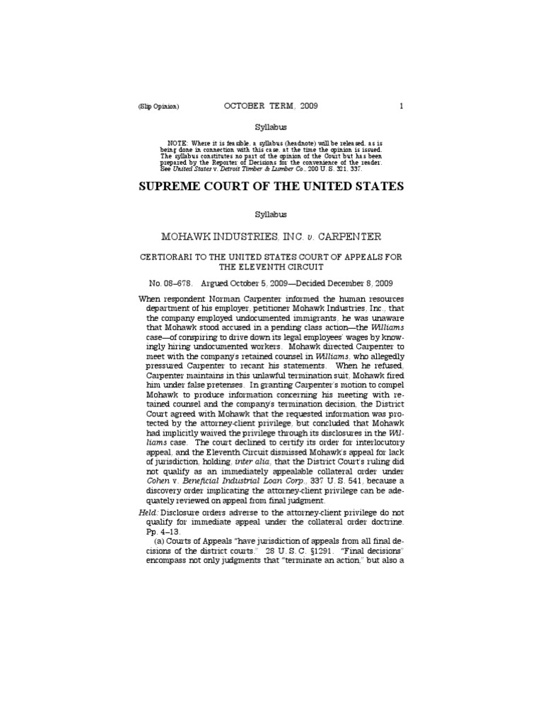Mohawk v. Carpenter PDF Interlocutory Appeal Supreme Court Of The
