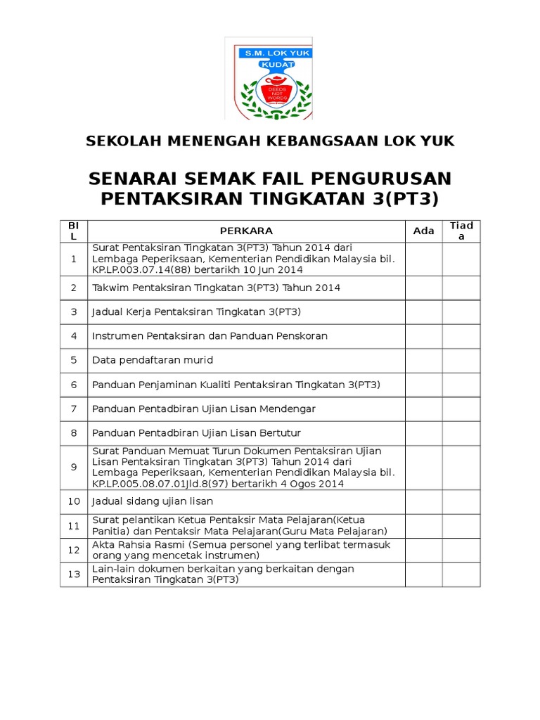 Senarai Semak Fail Pengurusan PT3  PDF