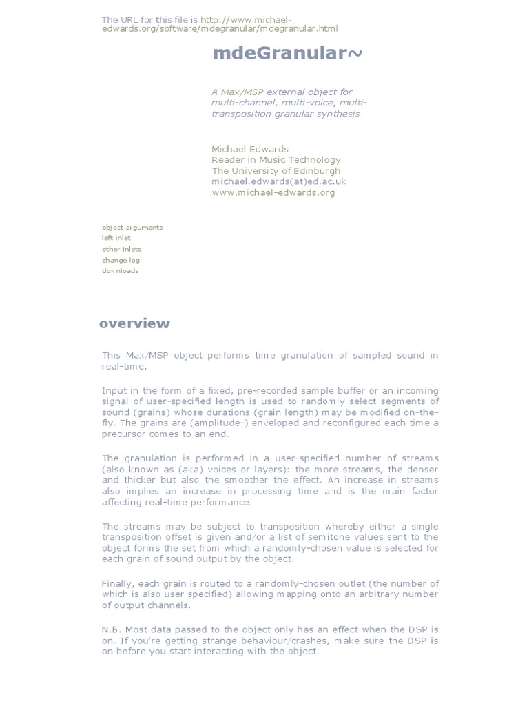 Mdegranular : Granular Synthesis External For Max:msp | PDF | Computing ...