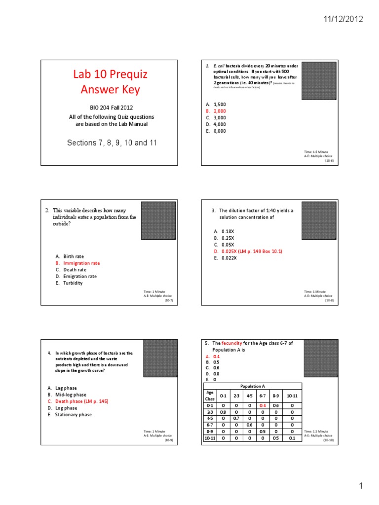 Lab 10 Prequiz Answer Key: Sections 7, 8, 9, 10 and 11 | PDF