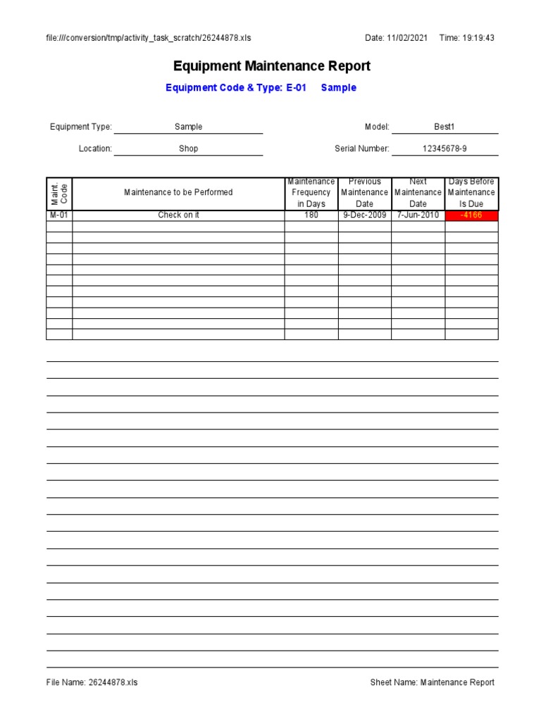 Equipment Maintenance Report Sample | PDF | Microsoft Excel | Computing