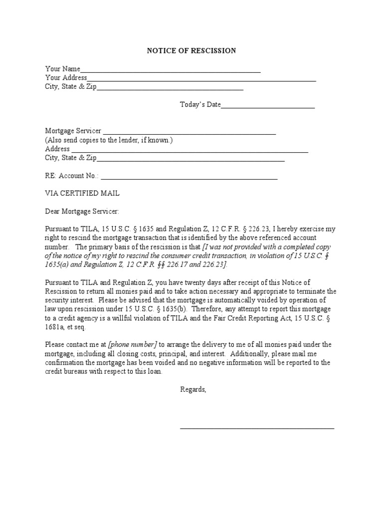 Notice of Mortgage Rescission Letter | PDF
