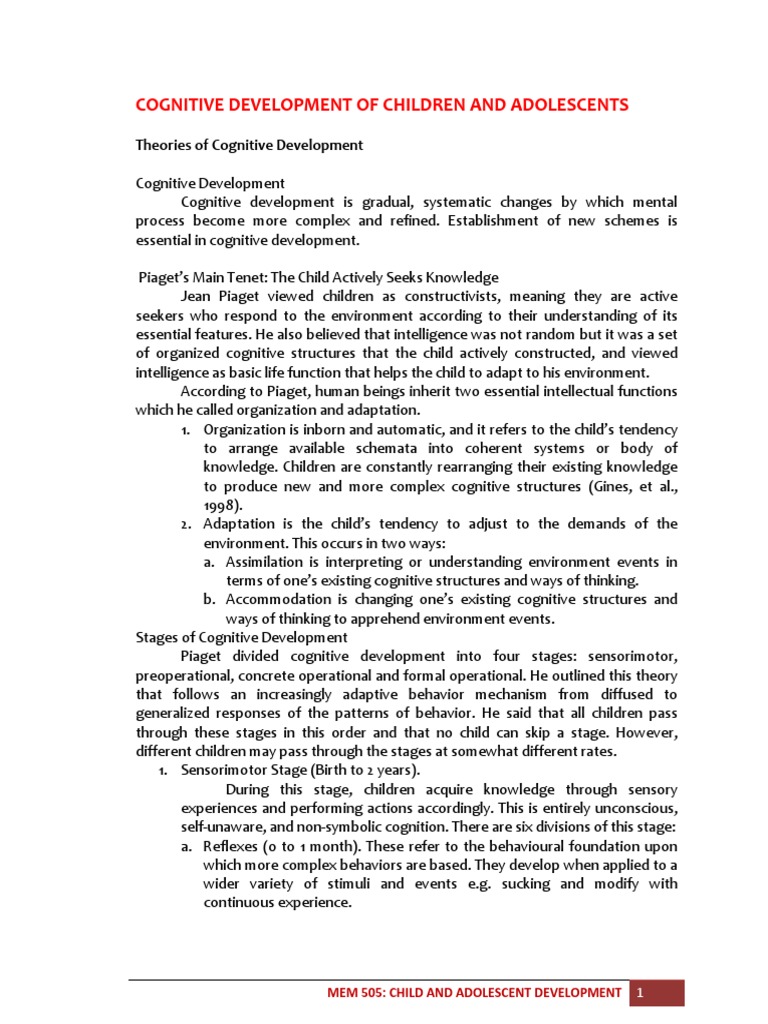 Cognitive Development Theories of Children and Adolescents | PDF ...