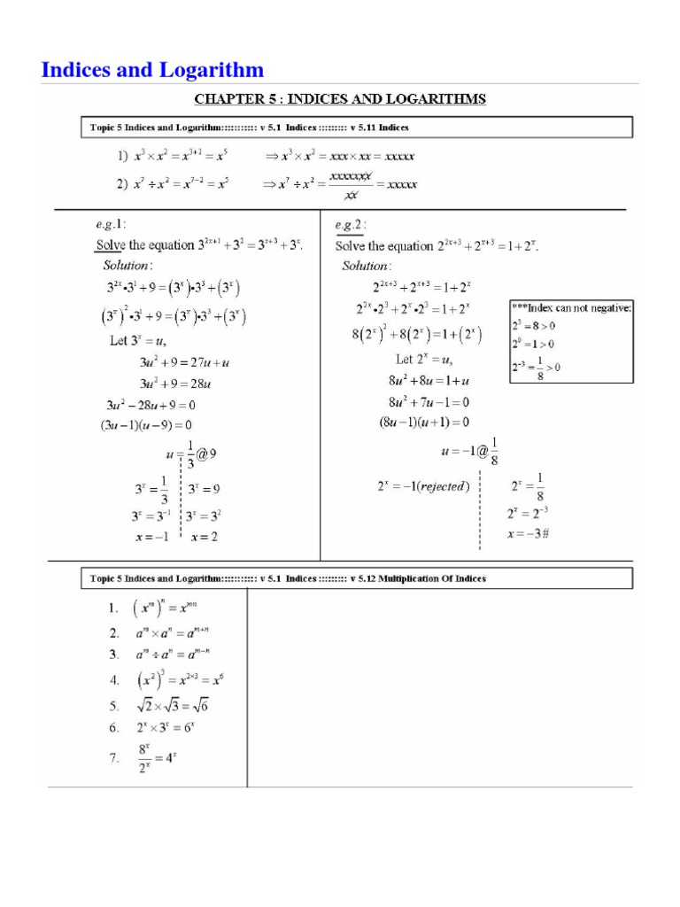 Indices and Logarithm
