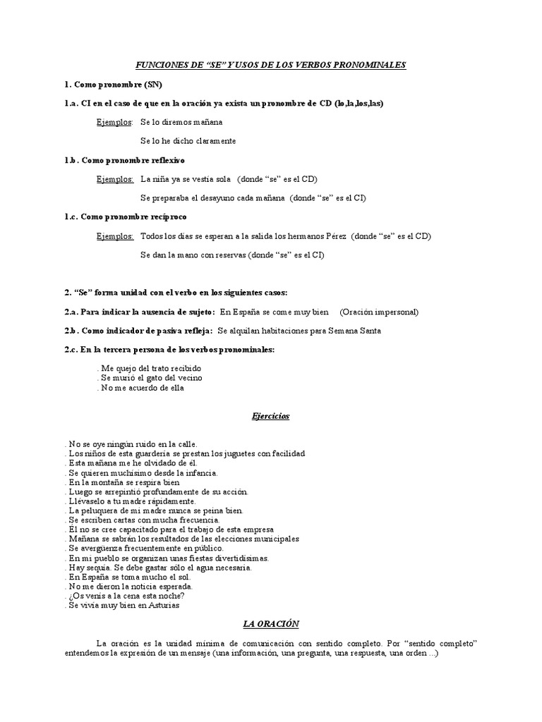 Funciones de "Se" y Usos de Los Verbos Pronominales | PDF | Predicado ...