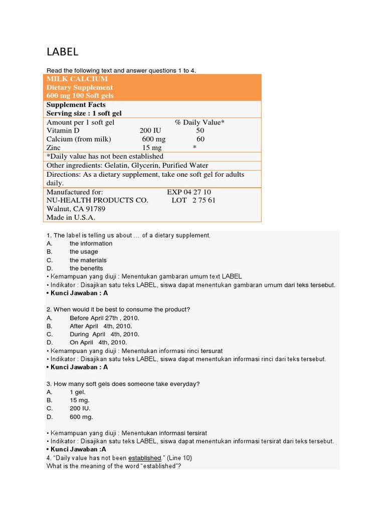 Soal Label Nutrition Facts Label Vitamin C