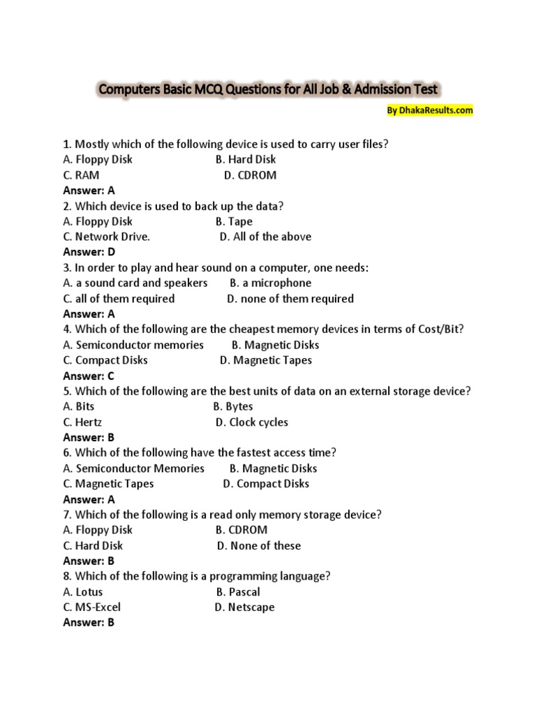 Computers Basic MCQ Questions | Disk Storage | Computer Data Storage