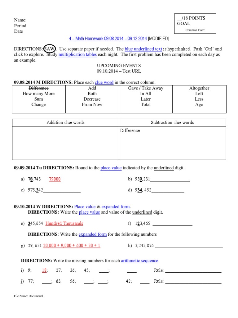 Worksheet Round To The Place Value Of The Underlined Digit 4 math homework 09 08 2014 12 original modified subtraction mathematical notation