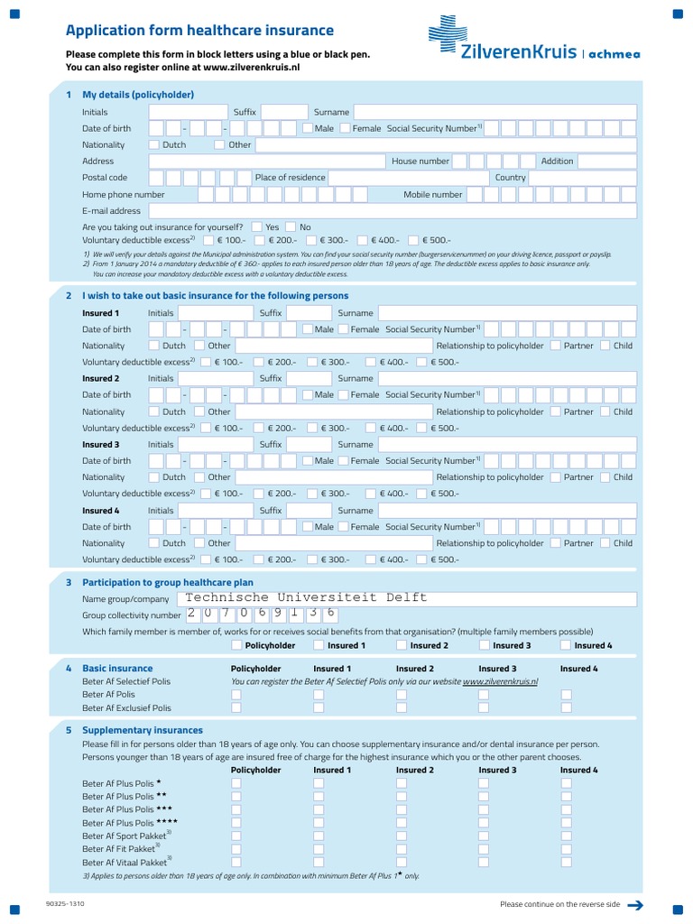 Zilveren Kruis Application Form | Insurance | Service Industries