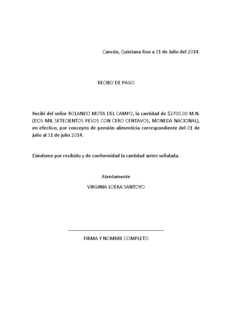 Ejemplo de Recibo de Pension Alimenticia