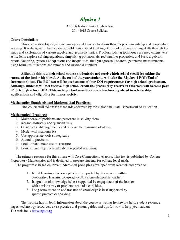 8th Grade Algebra 1 Syllabus 20142015 PDF Algebra Teaching