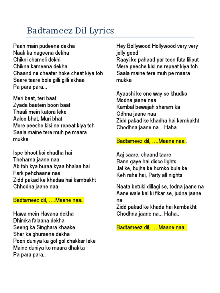 Badtameez Dil Lyrics | PDF