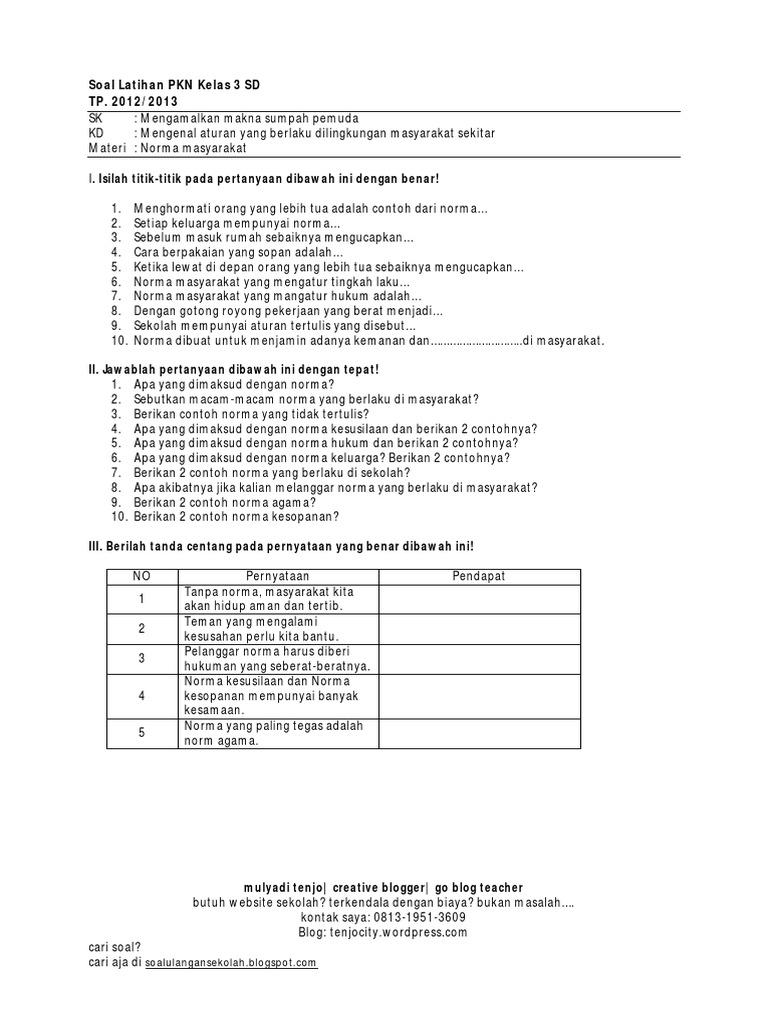 Soal Latihan Pkn Kelas 3 Sd