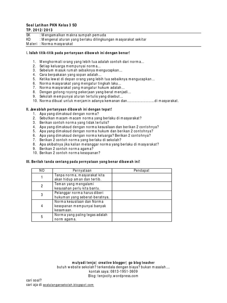 Soal Uh Pkn Kelas 3 Materi Aturan Di Masyarakat