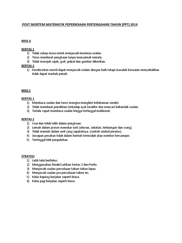Post Mortem Matematik Peperiksaan Pertengahan Tahun Pdf