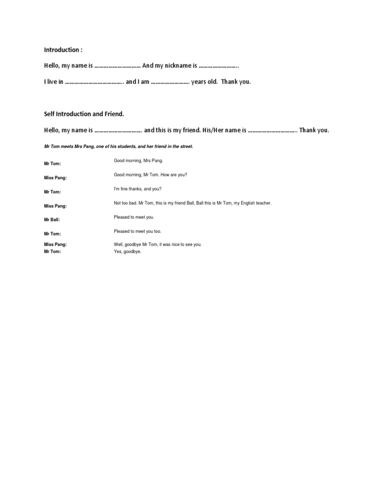 Self-Introduction Dialogue Examples | PDF | Home & Garden