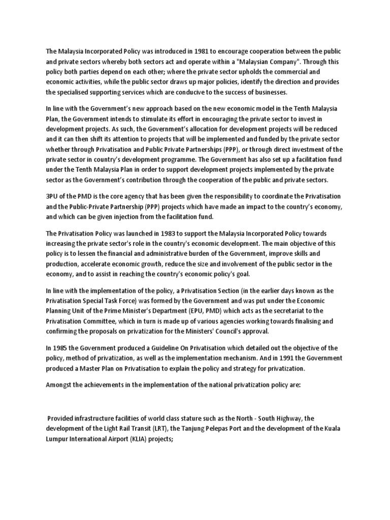 The Malaysia Incorporated Policy Was Introduced In 1981 To Encourage Cooperation Between The Public And Private Sectors Whereby Both Sectors Act And Operate Within A Pdf Public Private Partnership Privatization